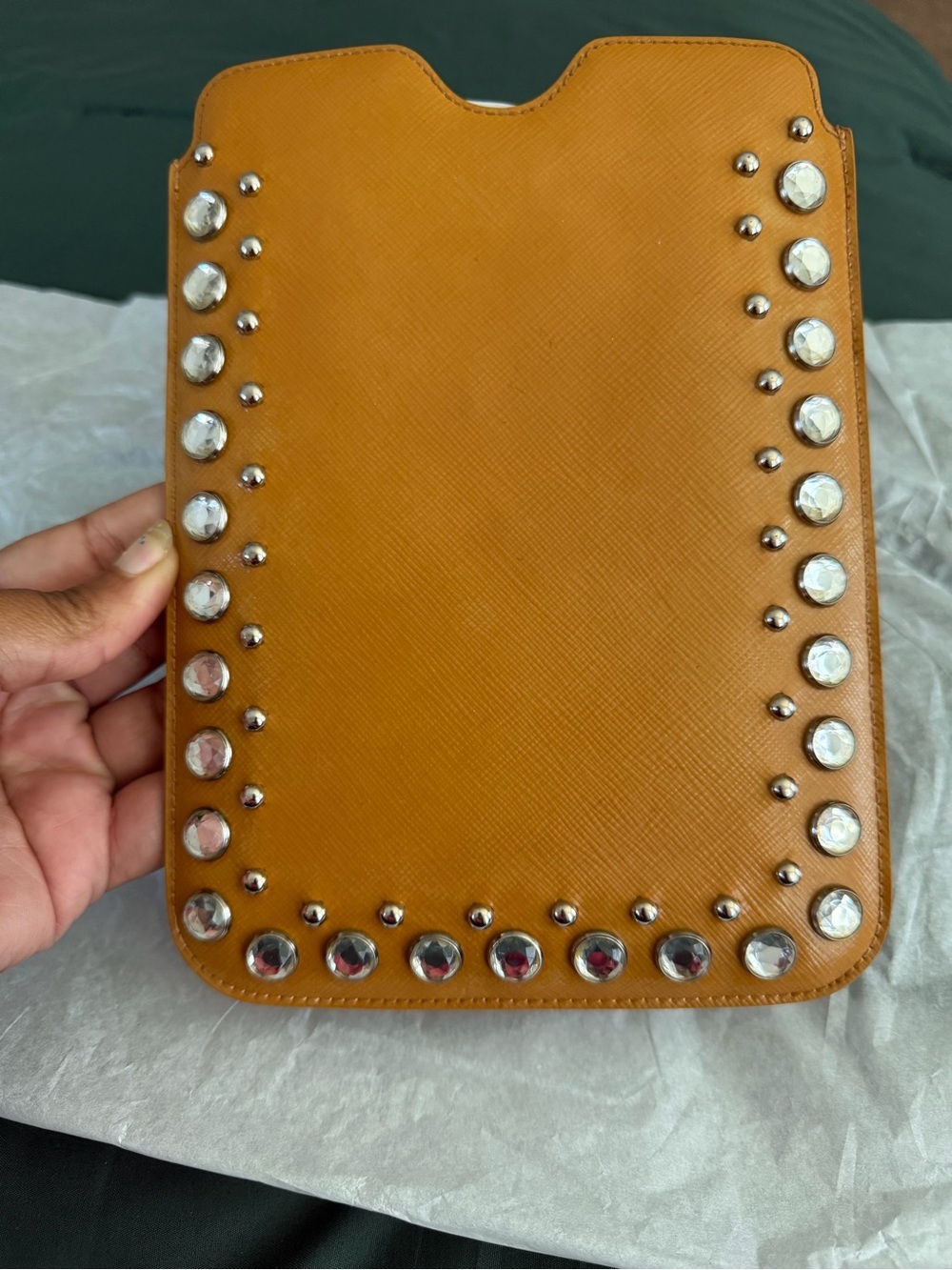 Prada Tan Leather Crystal-Stud Tablet Pouch